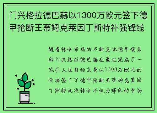 门兴格拉德巴赫以1300万欧元签下德甲抢断王蒂姆克莱因丁斯特补强锋线